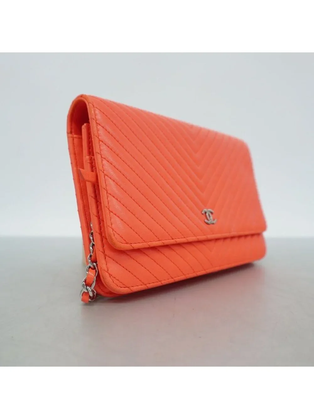 Chanel Wallet on Chain V-stitch Lambskin Orange Silver Shoulder Bag